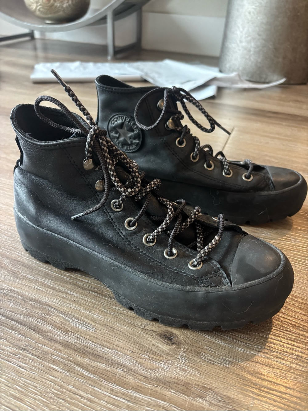 Converse Waterproof Black Leather Lace-Up Platform Boots